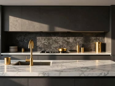 High-end modern kitchen renovation, marble countertops, brushed gold fixtures, minimal design