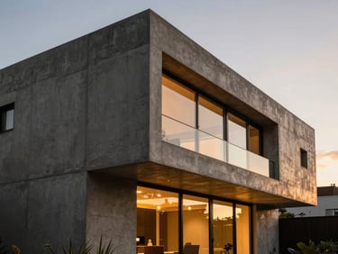 Modern concrete house facade with warm interior lighting, architectural lines, sunset, Santiago Chile