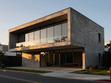 Wide-angle exterior shot of a modern architectural concrete and glass house in Santiago at golden hour, dramatic lighting, 35mm.