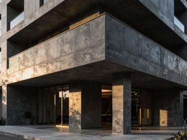 Clean structural lines of a modern condominium lobby in Santiago, dark matte concrete, soft sunlight, sharp focus.