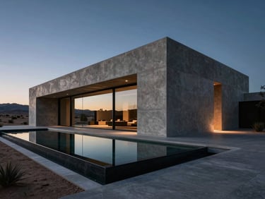 Low-key dramatic architectural shot of a modern desert estate in Mesa at twilight, sharp concrete angles, soft metallic reflections in glass pools.