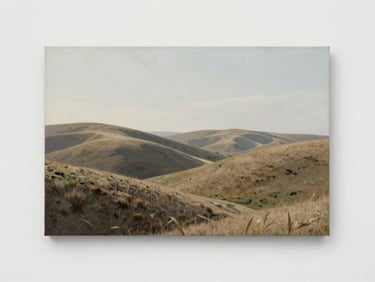 Minimalist landscape painting showing rolling hills under soft natural light, muted earth tones, crisp details, editorial framing