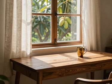 A sun-drenched room with a solid teak wood desk facing a window overlooking mango trees, soft linen curtains, brass coffee tumbler