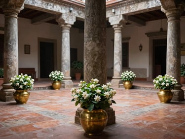 A central open-air courtyard with traditional stone pillars, terracotta tiled floor, brass pots with fresh jasmine flowers, soft afternoon light