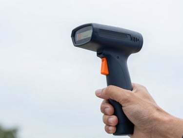 Close-up of a hand holding a modern logistics scanner showing a successful delivery confirmation screen, bright overcast daylight