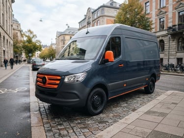 A clean modern delivery van parked on a structured city street in crisp morning light, sharp focus, 35mm lens