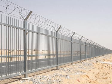professional industrial photography of high-security galvanized steel fence type-1 with barbed wire along a Saudi highway desert landscape, bright daylight, 35mm