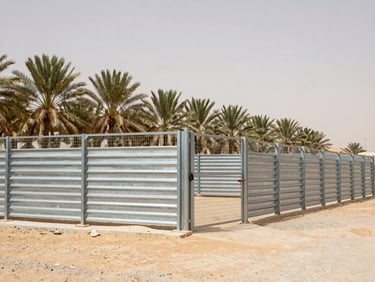 wide-angle shot of a secured agricultural farm in Saudi Arabia, surrounded by strong galvanized steel fencing, green palm trees in background, harsh desert sun, realistic 35mm