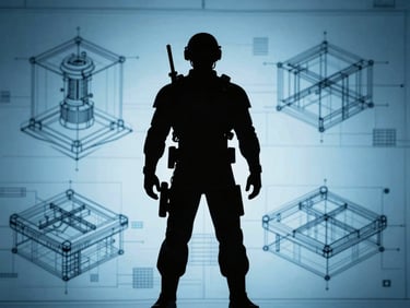 Stylized, high-contrast silhouette of an operative against a backdrop of architectural blueprints of multi-dimensional structures, cool backlighting.