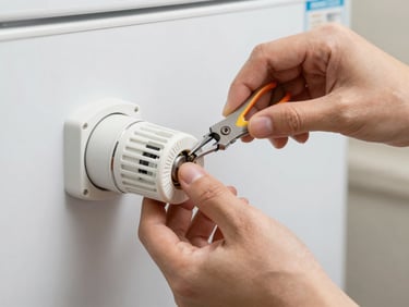 Close-up of clean hands replacing a refrigerator thermostat sensor with professional tools, bright neutral lighting.