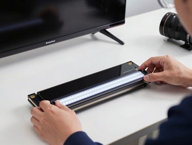 Precision technician adjusting the LED backlight strip on a disassembled smart TV panel, clean focused workbench.