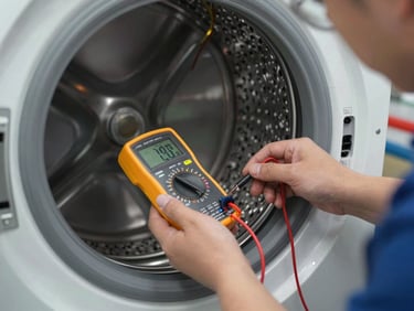 A technical technician using a digital multimeter to test the electrical harness of a washing machine drum, clean workshop lighting.