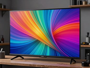 A crisp LED smart TV screen displaying vibrant colors, clean workshop background