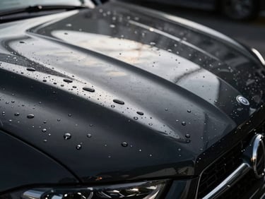Extreme close-up macro shot of water perfectly beading on a freshly coated obsidian black car hood, sharp studio lighting reflections, high-contrast, 50mm lens.