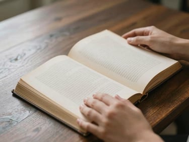 Close-up of hands holding an open, worn classic book on a dark oak table, soft side lighting, warm tones, editorial film style