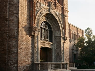 Dignified architectural detail of a classic brick library facade in Los Angeles, soft morning light, deep shadows, editorial film photography