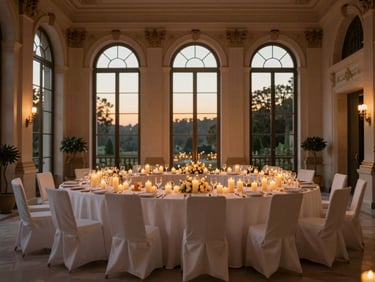Panoramic low-angle view of a candlelit wedding reception setup in an elegant villa, empty chairs draped in ivory linen, warm golden hour light filtering through tall arched windows, no guests present, architectural and still