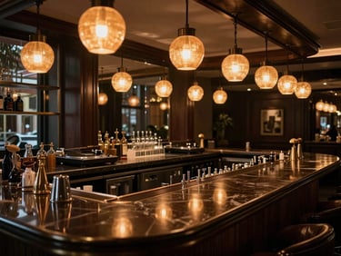 Wide environmental shot of an empty luxury hotel bar at closing time, warm amber pendant lights reflected in dark lacquered surfaces, a single turntable visible on a shelf in the background, no people, atmospheric and precise