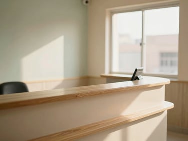 Warm environmental shot of a clean, sunlit medical clinic reception in Jaipur, wooden accents, soft natural light, shallow depth of field, 35mm