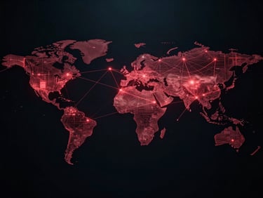 Abstract representation of interconnected global networks and data streams, with a subtle crimson glow, against a dark, moody background.