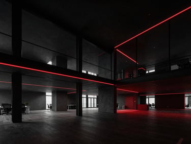 Architectural shot of a modern, interconnected office space, with subtle crimson lighting accents, in a high-contrast, minimalist style.