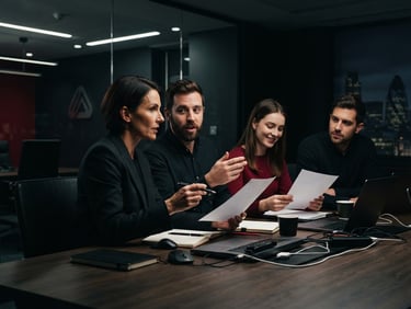 Cinematic shot of a professional media relations team in a modern European office, dark tones, subtle crimson accents, high-contrast studio lighting, 35mm lens.