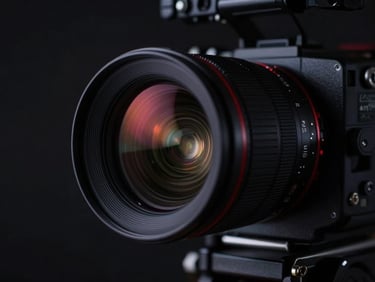 Close-up of a professional cinema camera lens reflecting studio lights, with a hint of crimson on the lens flare, in a dark setting.