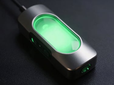 Cinematic close-up of a sleek metallic bio-resonance hand sensor, glowing soft neon green light reflecting on premium brushed aluminum, dark obsidian background, low-key dramatic lighting, ultra-high-tech aesthetic.