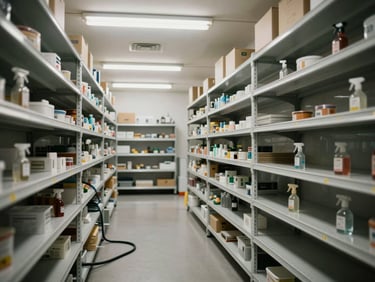 Wide environmental shot of an empty commercial storeroom after treatment — clean shelving, sprayer hose visible on the floor, fluorescent lighting, high contrast documentary style