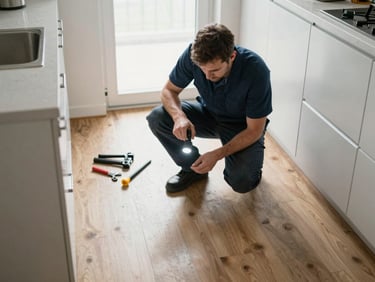 Overhead documentary view of a technician crouching in an empty kitchen examining the floor and cabinets with a flashlight, natural daylight flooding through a window, tools laid out beside him, matter-of-fact inspection framing