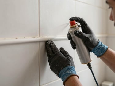 Extreme close-up of a gloved technician applying spray treatment along a skirting board in an empty tiled room, natural daylight, documentary framing
