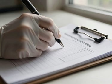 Extreme close-up of a gloved hand writing on a service checklist clipboard placed on a treated surface, natural daylight from a side window, pen tip visible mid-entry, no faces, matter-of-fact documentation angle