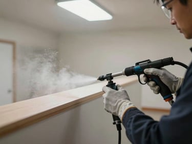 Close-up of a technician's gloved hands operating a pressure sprayer along a baseboard in an empty room, chemical mist visible mid-air, soft natural light from above, high-contrast documentary style