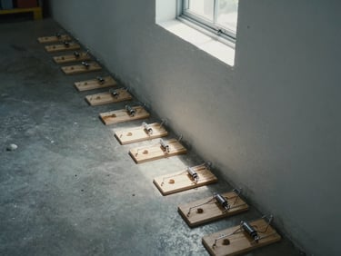 Overhead documentation shot of rodent traps and bait stations placed along a warehouse wall, concrete floor, cool natural light from a skylight above