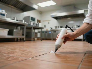Wide environmental shot of a commercial kitchen or storeroom interior, a technician's hand applying treatment along a floor joint with a precision applicator, soft natural light from above, no faces, clean documentary framing