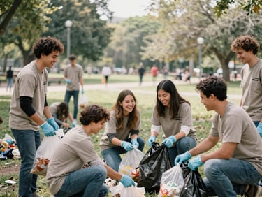 Volunteers laughing while picking up litter in a local park, soft natural daylight, candid medium shot showing genuine interaction, earthy organic tones, realistic 35mm film style