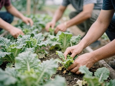 Hands tending to lush vegetable plants in a community garden under soft natural daylight, diverse people collaborating, close-up, earthy organic tones, realistic 35mm film style