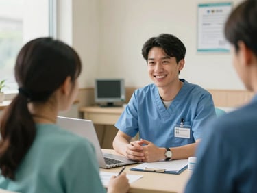 A friendly administrative coordinator explaining sliding-scale options to a patient, warm indoor lighting, compassionate environment, 35mm