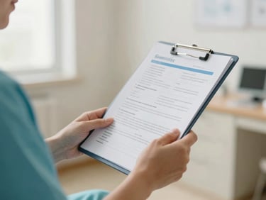 A patient holding organized medical documents and health records in a brightly lit, warm clinic room, shallow depth of field, 35mm