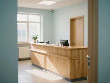 A warm, sunlit clinic hallway with a welcoming wooden reception desk, soft natural light, clean modern healthcare aesthetic, 35mm