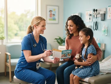 Warm editorial photography of an Indiana family receiving compassionate healthcare guidance from a smiling nurse in a bright wellness clinic, soft natural daylight, shallow depth of field, 35mm