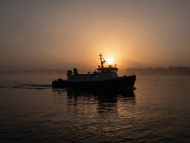 Cinematic wide shot of a small research boat on the misty Saint Lawrence River at sunrise, dark water, high contrast.