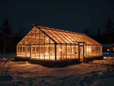 Cinematic wide shot of a modern geometric greenhouse glowing warmly against a snowy Quebec landscape at night.