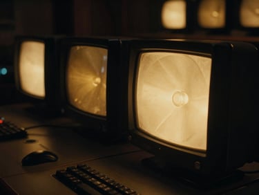 Moody close-up of vintage broadcast monitors glowing in a dark control room, gold and amber tones