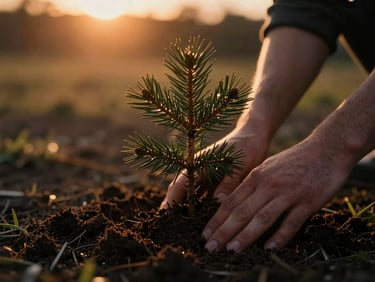 Moody close-up of hands planting a pine sapling in dark rich soil, dramatic golden hour backlight, 35mm grain.