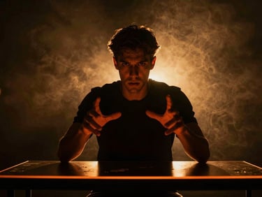 Dramatic high-contrast shot of hands gesturing intensely over a dark studio table, orange rim light, smoky atmosphere