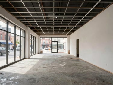 Wide interior shot of a commercial build-out in progress in a Brooklyn ground-floor retail space — open ceiling with MEP rough-in visible, concrete floor, natural light from storefront openings at the far end