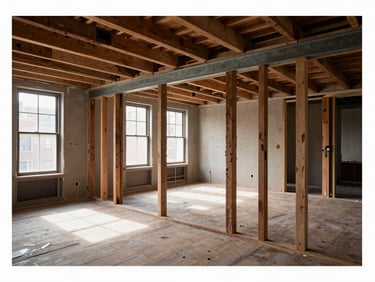Wide documentary shot of a 1920s Brooklyn brownstone under interior renovation — original timber floor joists exposed above, new steel beam threaded between them, available morning light through original window openings