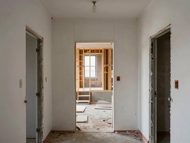 Documentary photo of phased construction work in an occupied multi-family Brooklyn building — temporary dust partition erected in corridor, new framing visible through opening, existing apartments doors visible on either side