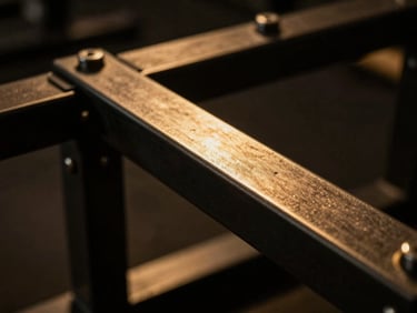 Dramatic close-up of premium strength training steel equipment in low light, sharp shadows, warm golden light reflecting off metallic surfaces, dark editorial photography.